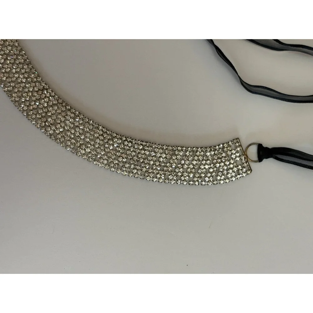 Silver Rhinestone Belt with Black Ribbon Ties Wedding Gala Formal Glam Accessory